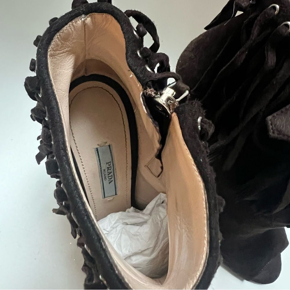 Prada Suede Fringe Peep Toe Bootie Dark Brown EU 38 EUC MSRP $1145 - Picture 9 of 10